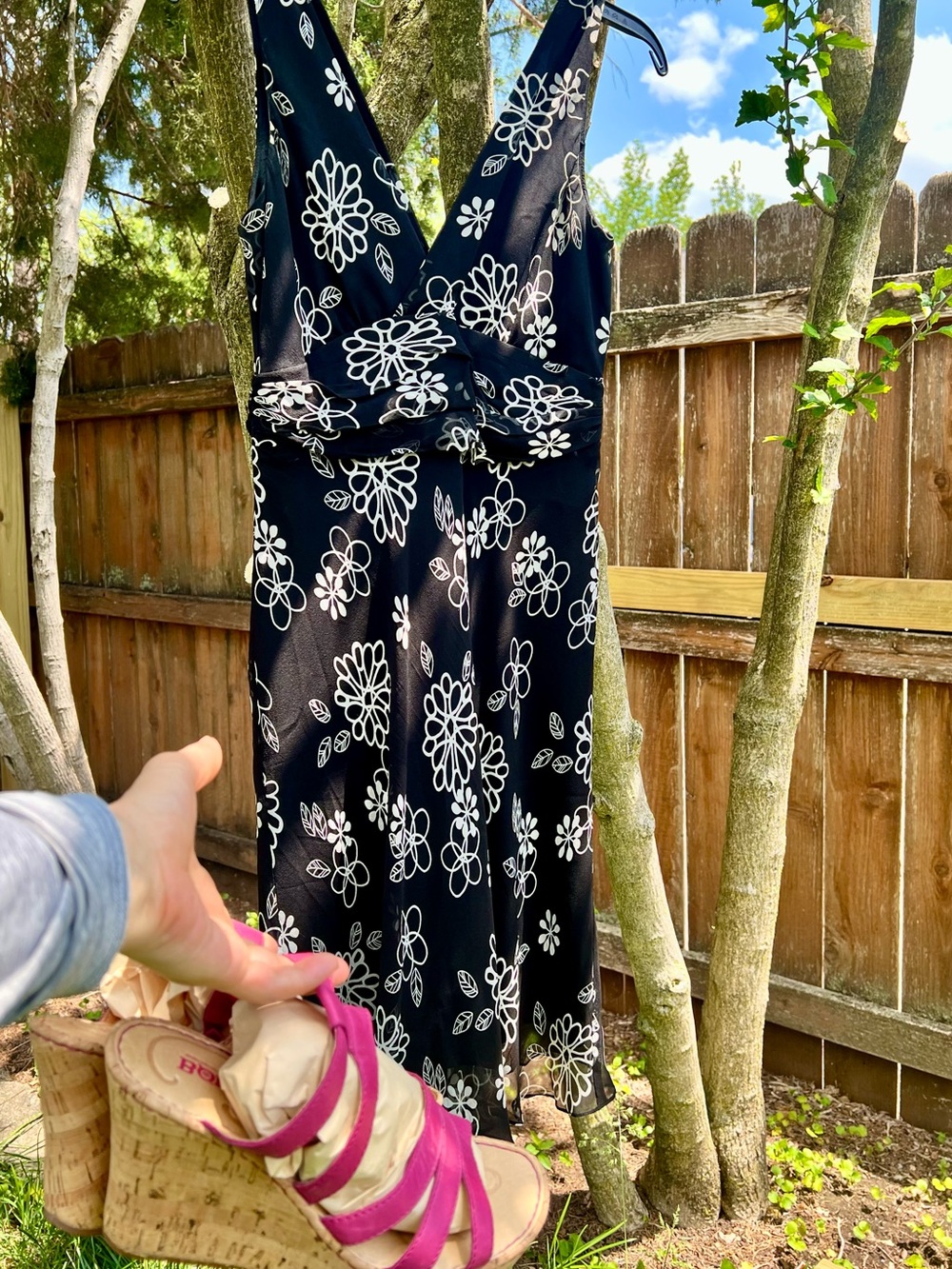 Nine West 100% Silk Dress y2k black white floral flutter hem empire waist midi 6